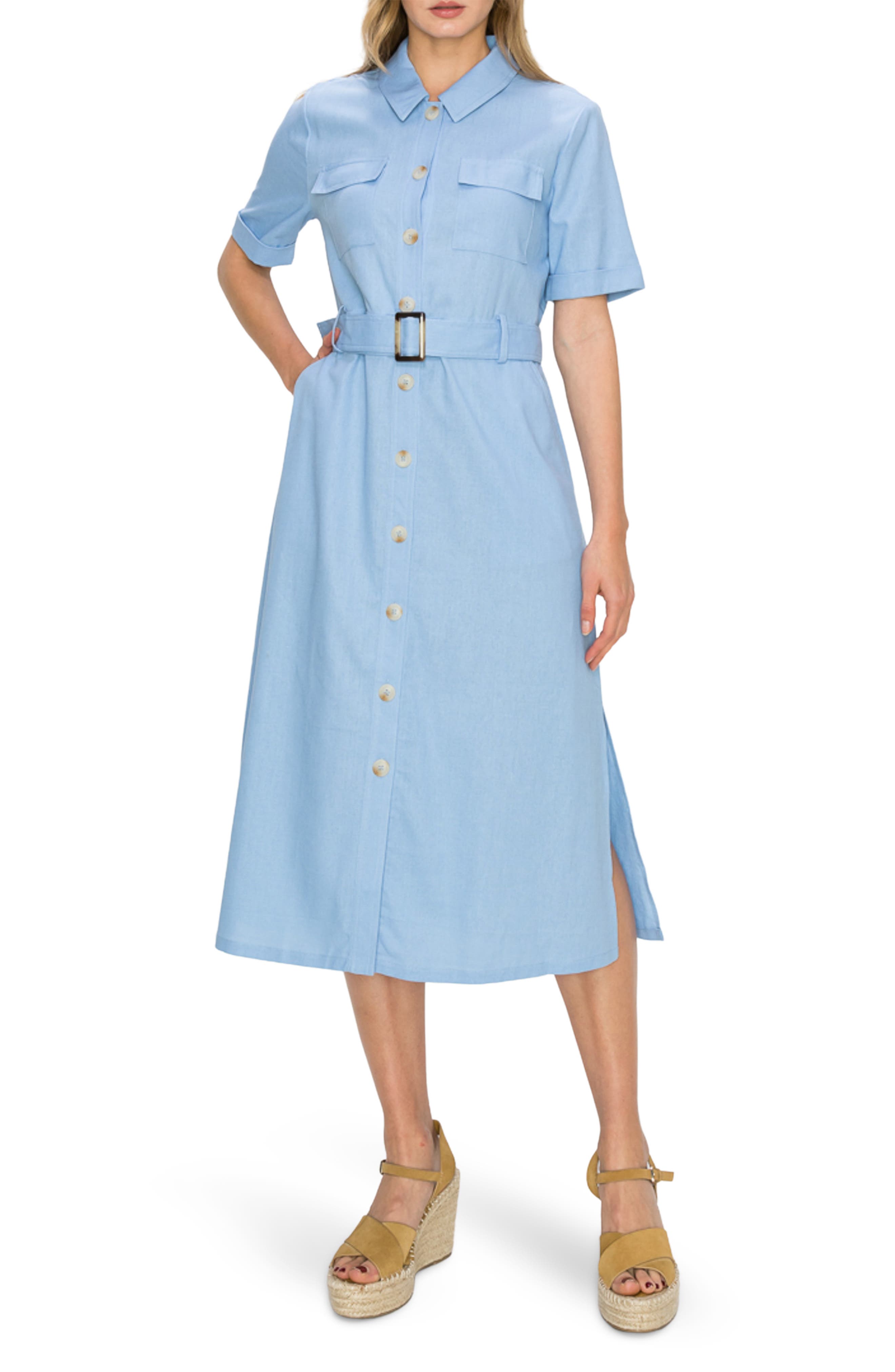 Fifties Dresses: 1950s Style Swing to Wiggle Dresses MELLODAY Short Sleeve Linen Blend Midi Shirtdress in Blue at Nordstrom Rack Size X-Small $39.97 AT vintagedancer.com