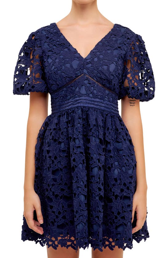 Shop Endless Rose Puff Sleeve Lace Minidress In Navy