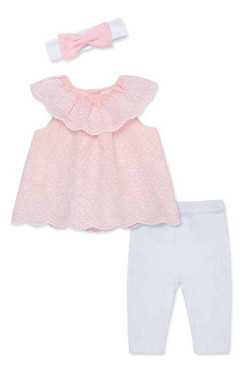 Shop Little Me Rose Eyelet Tunic, Leggings & Headband Set In White/pink