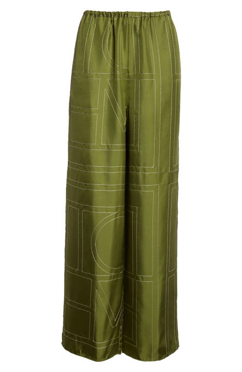 Shop Totême Toteme Monogram Embroidered Silk Pants In Laurel