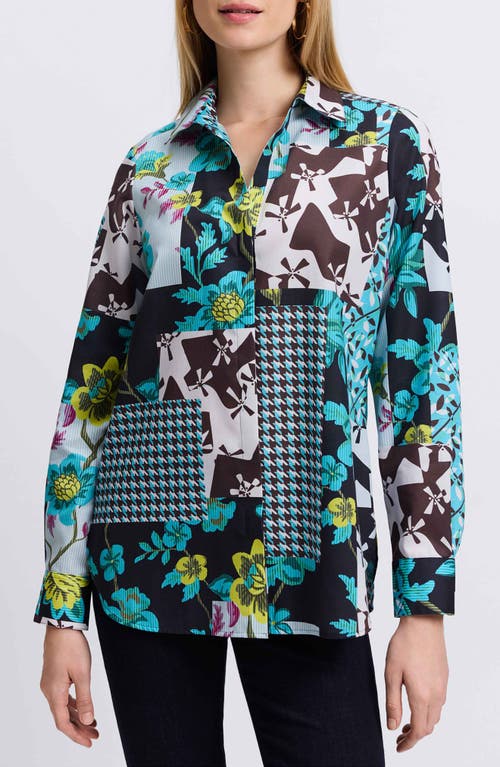 Shop Foxcroft Kylie Print Cotton Sateen Button-up Shirt In Teal Multi