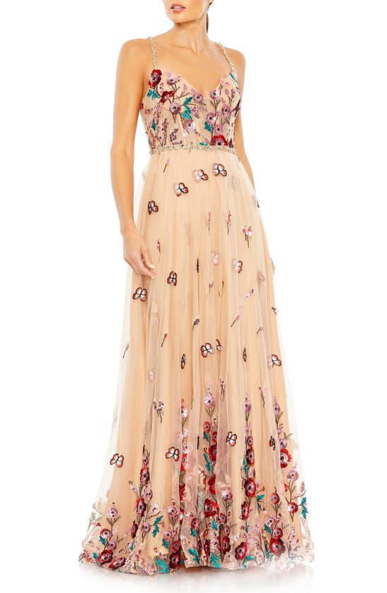 Shop Mac Duggal Beaded Floral A-line Gown In Beige Multi