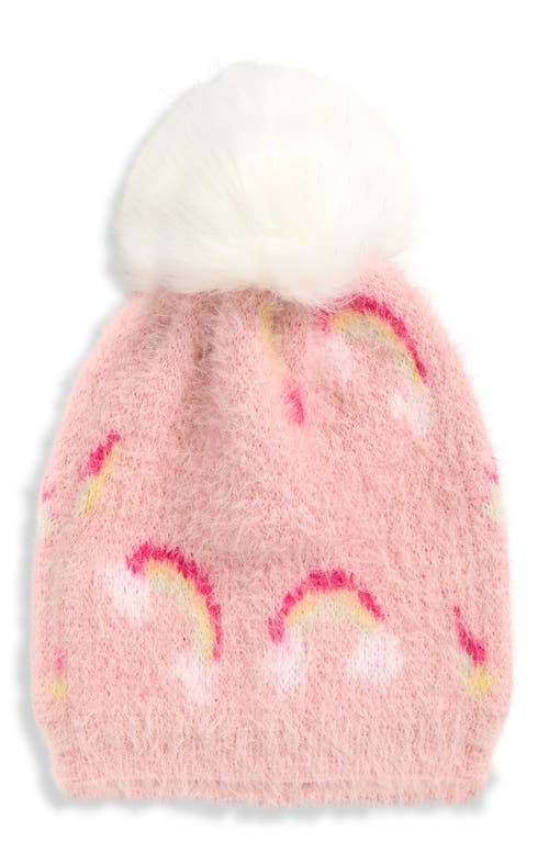 Ruby & Ry Kids' Rainbow Beanie with Faux Fur Pompom in Pink 