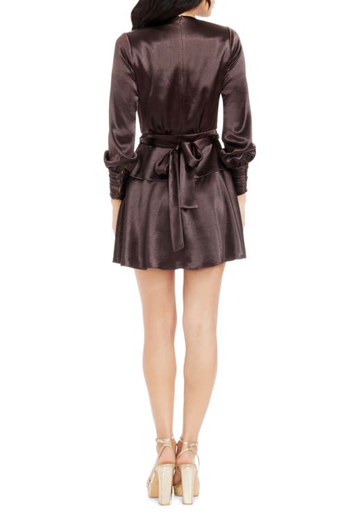 Shop Dress The Population Darla Wrap Front Long Sleeve Satin Minidress In Mocha