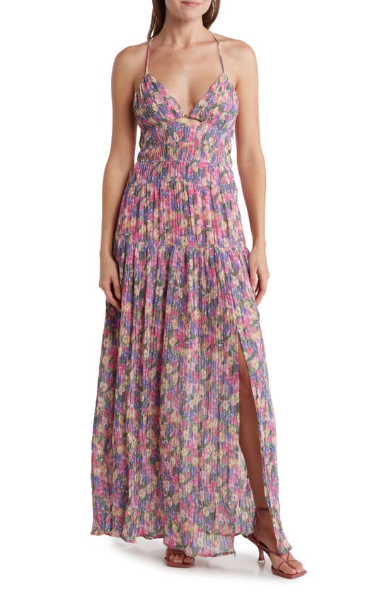 Astr Tropics Pleated Maxi Dress In Blue Pink Floral