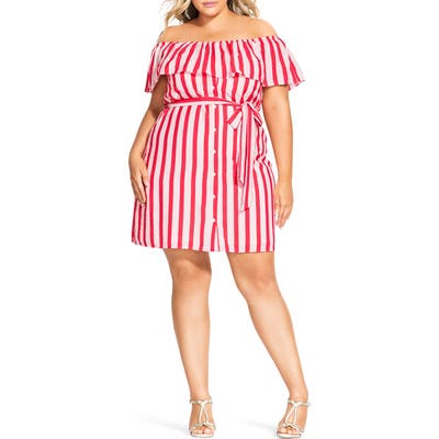 Plus Size City Chic Stripe Belted Off The Shoulder Minidress, Red