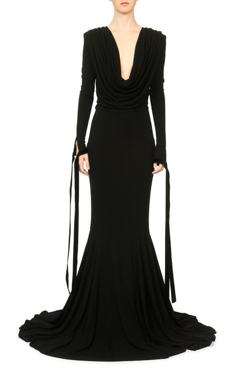Interior The Shep Plunge Neck Long Sleeve Gown with Train Midnight at Nordstrom,