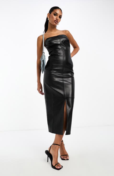 Short Sleeves Women Long Leather Dress Black Genuine For Ladies