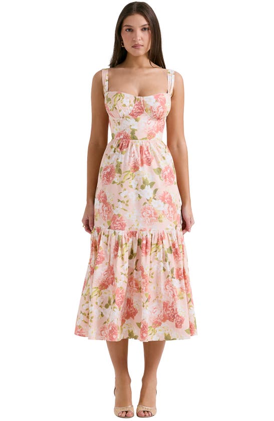 Shop House Of Cb Elia Floral Stretch Cotton Blend Corset Sundress In Peony Print