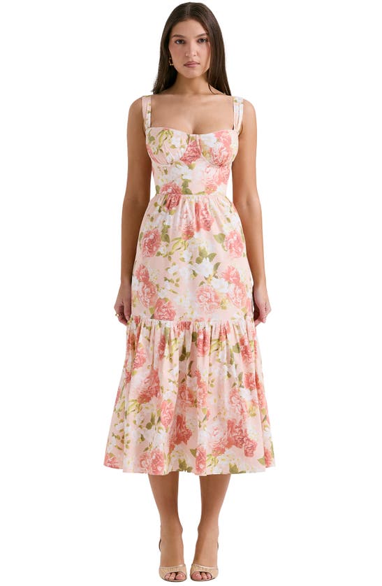 House Of Cb Elia Floral Stretch Cotton Blend Corset Sundress In Peony Print