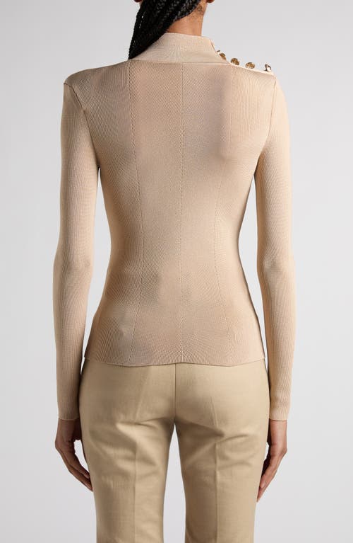 Tom Ford Button Shoulder Rib Turtleneck Top In Soft Beige