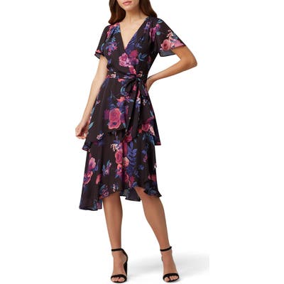 Petite Tahari Floral Short Sleeve Chiffon Midi Dress, Black