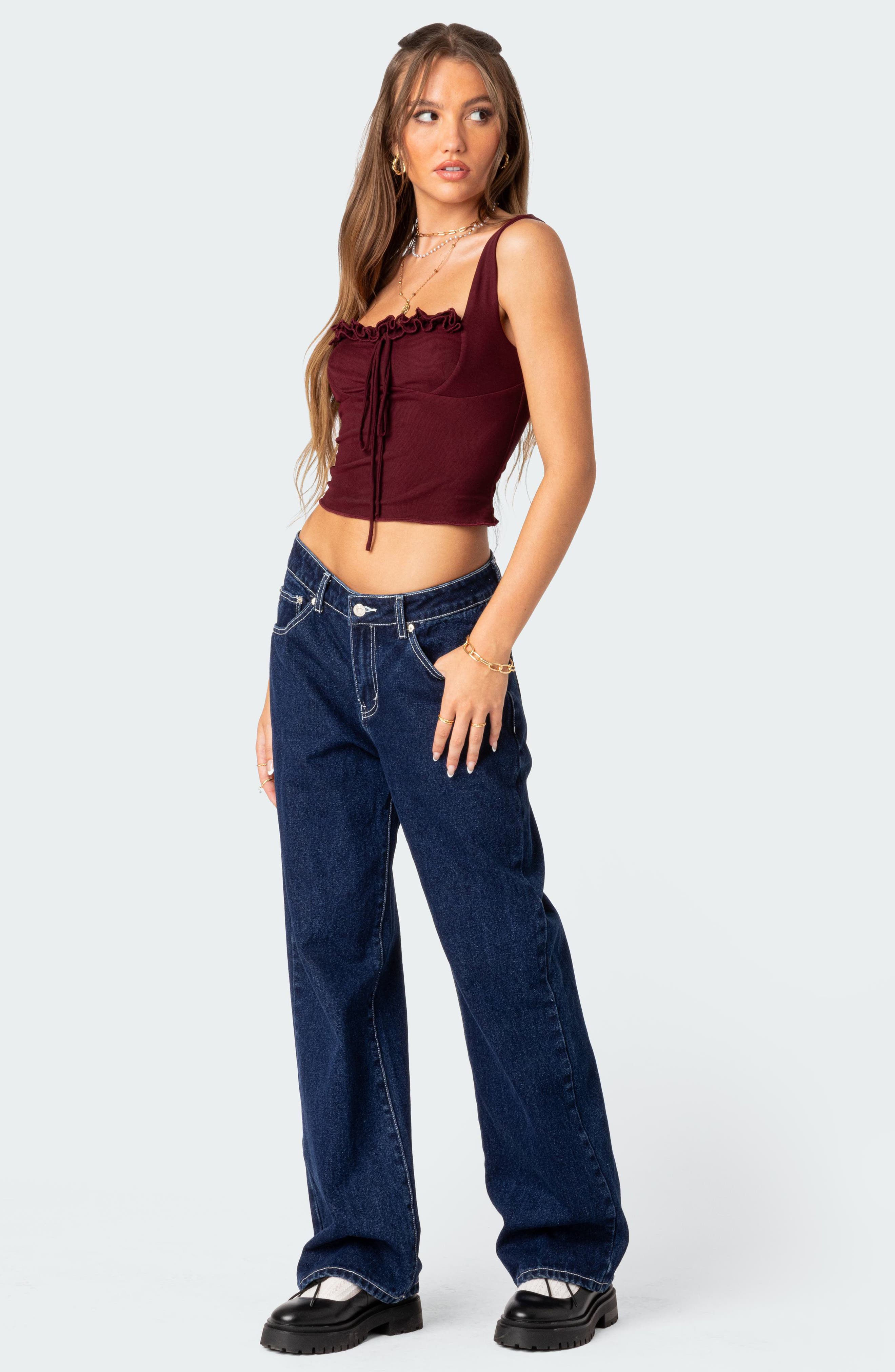 EDIKTED Aurelia Ruffle Trim Crop Corset Top in Burgundy