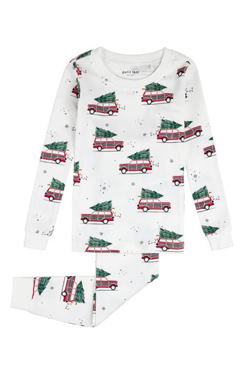 Petit Lem Kids' Festive Print Fitted Organic Cotton Two-piece Pajamas In Off White