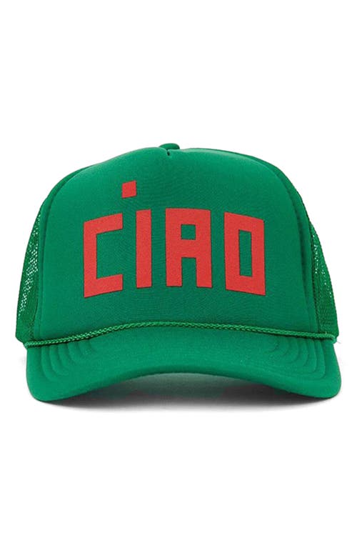 Clare V Ciao Trucker Hat In Green W/poppy Block Ciao