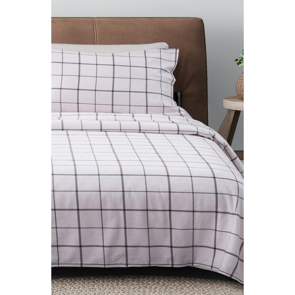 Woven & Weft Turkish Cotton Windowpane Printed Flannel Sheet Set In Windowpane - White/grey