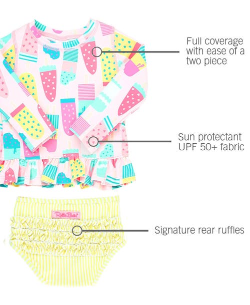 Rufflebutts Girls Long Sleeve Ruffle Hem Upf50+ Rash Guard Bikini In Ice Cream Social