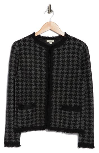 Max Studio Fringe Houndstooth Jacket In Black/char Hndstth