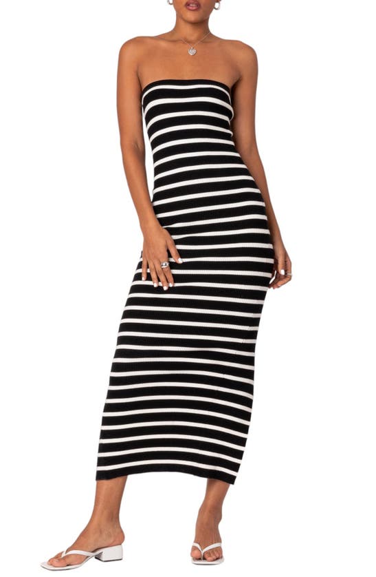 Shop Edikted Stripe Strapless Maxi Dress In Black-and-white