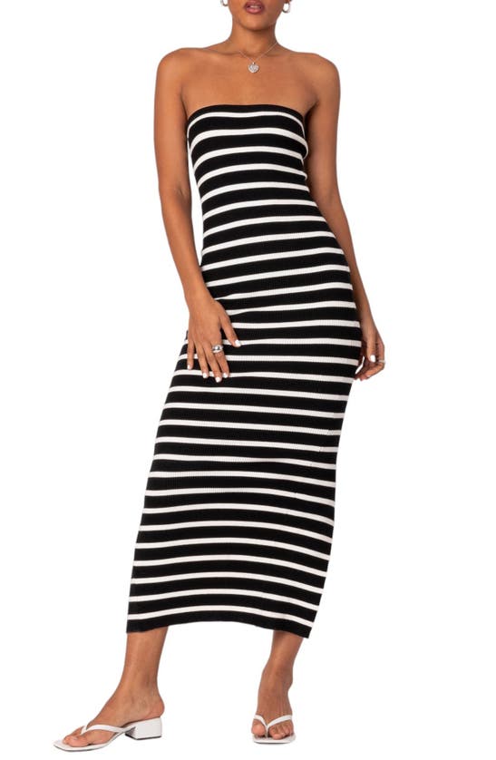Edikted Stripe Strapless Maxi Dress In Black-and-white