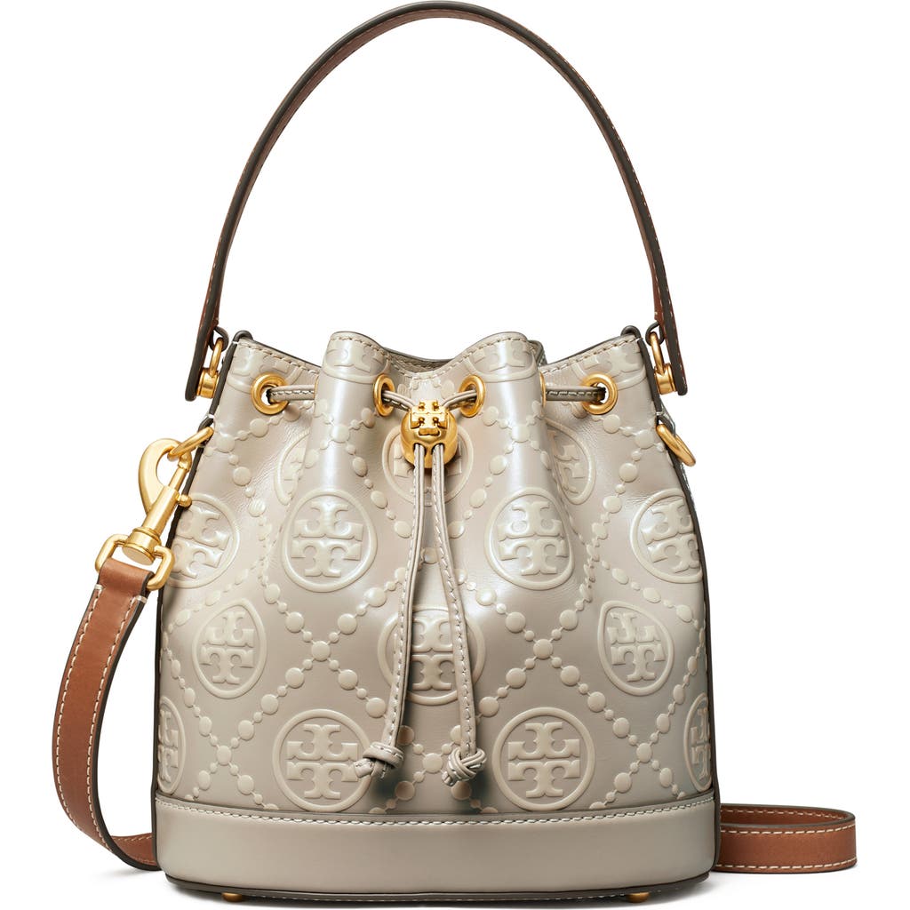 Tory Burch T Monogram Embossed Bucket Bag In Longan/new Cream