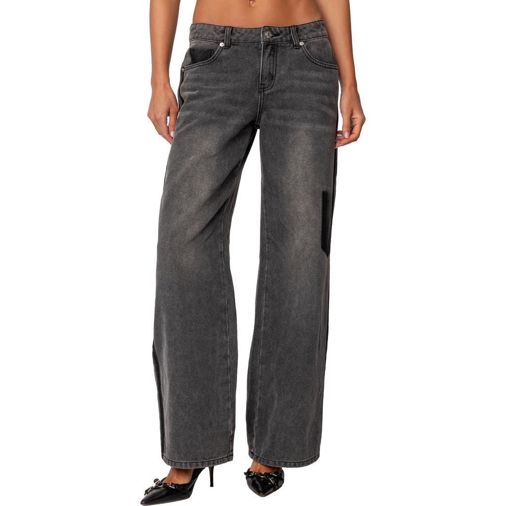 Shop Edikted Deconstructed Low Rise Wide Leg Jeans In Black-washed