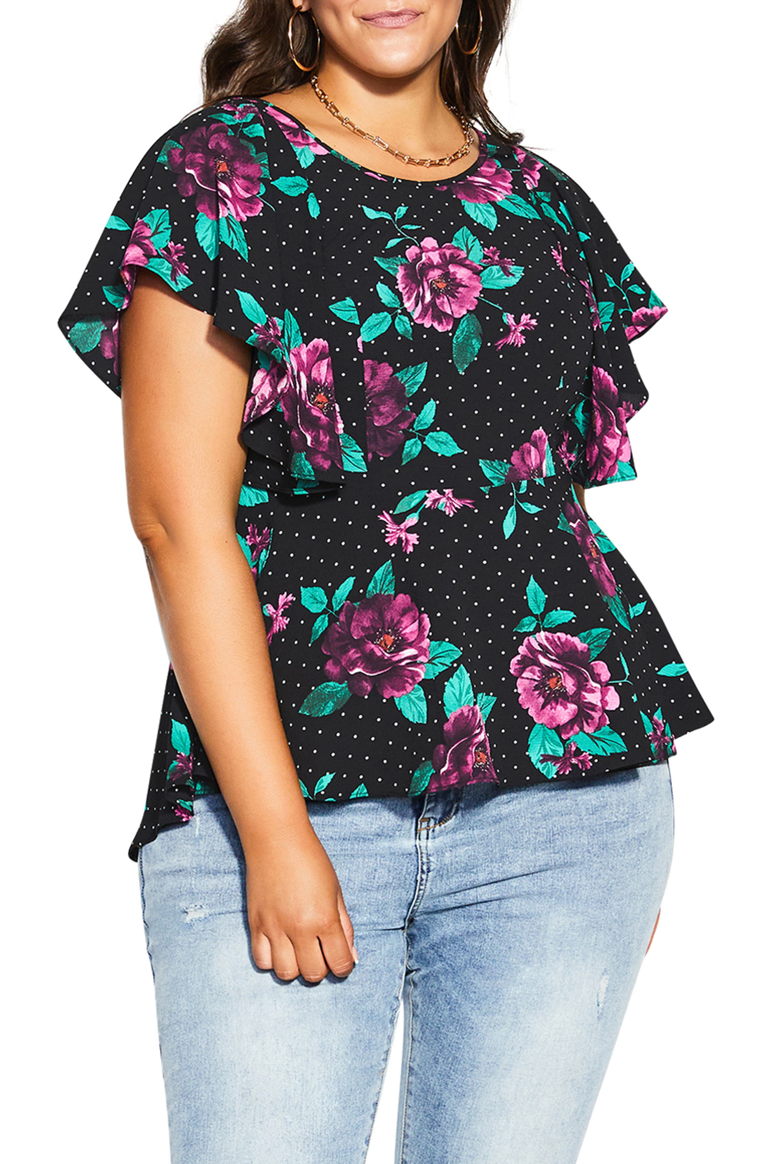 City Chic Emma Floral Dot Peplum Top in French Floral Spot