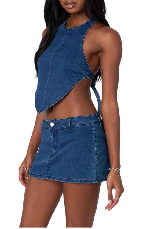 Shop Edikted Sydnie Open Back Denim Halter Top In Dark-blue