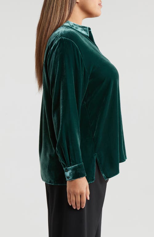 Shop Eileen Fisher Easy Relaxed Fit Velvet Button-up Shirt In Pine