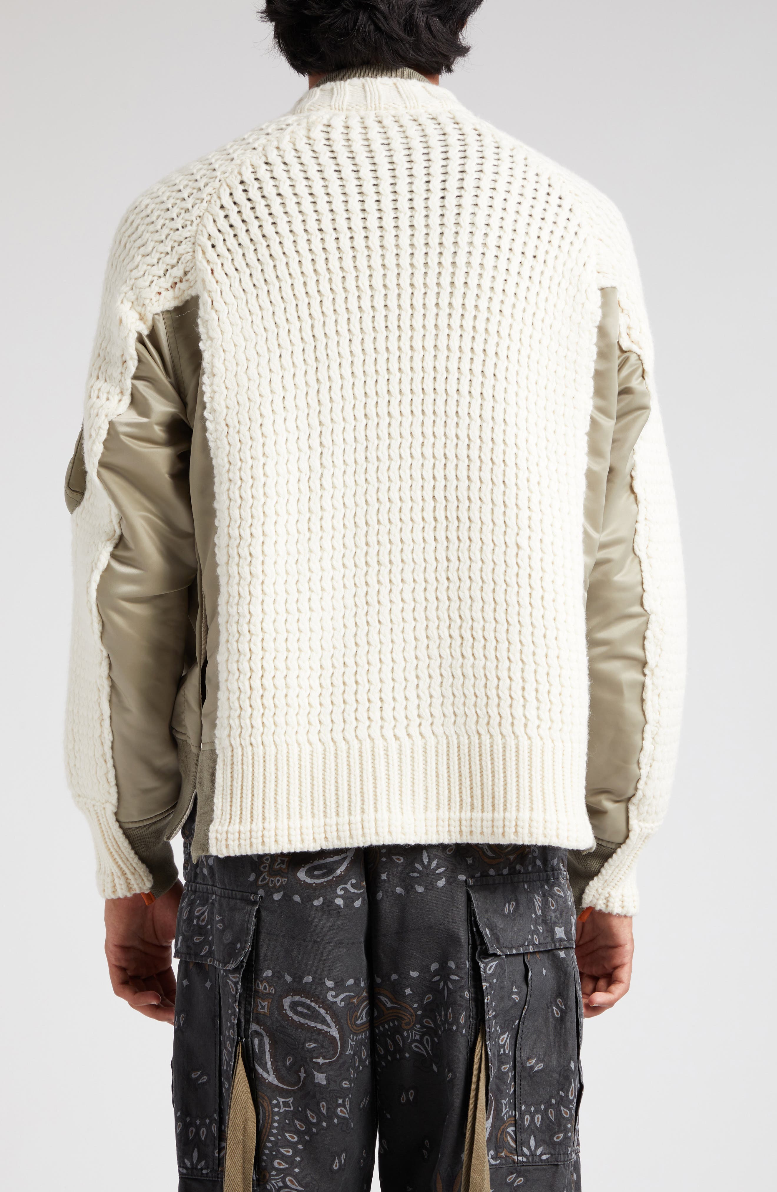Sacai Wool Knit & Nylon Twill Bomber Jacket in L/Khaki/Off White ...