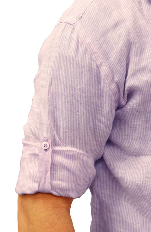 Shop Lorenzo Uomo Striped Trim Fit Linen Shirt In White/lavender
