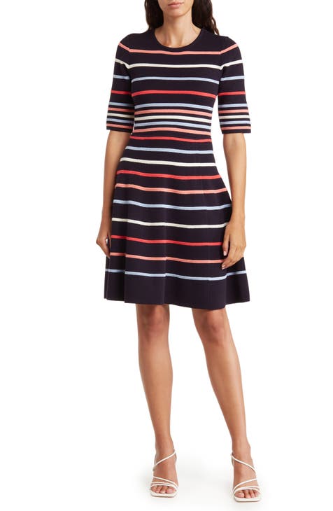 Stripe Elbow Sleeve Fit & Flare Dress