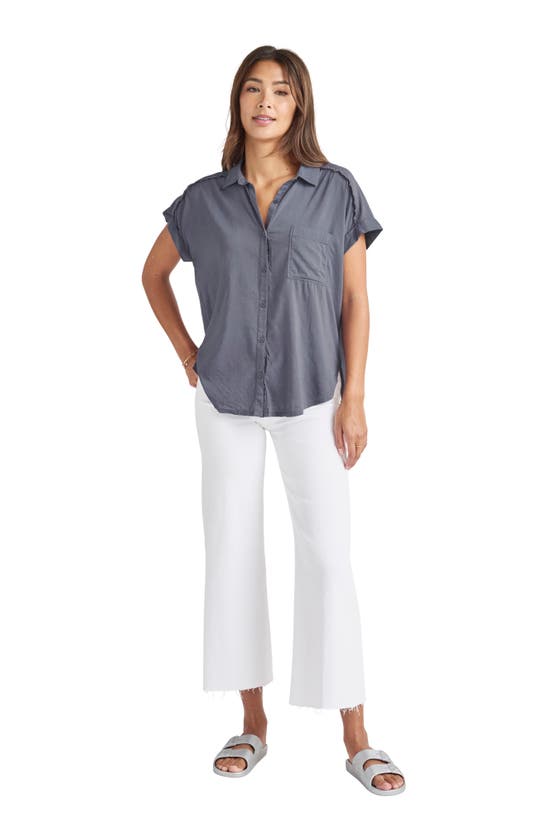 Splendid Paige High-low Cotton Blend Button-up Shirt In Ash Navy