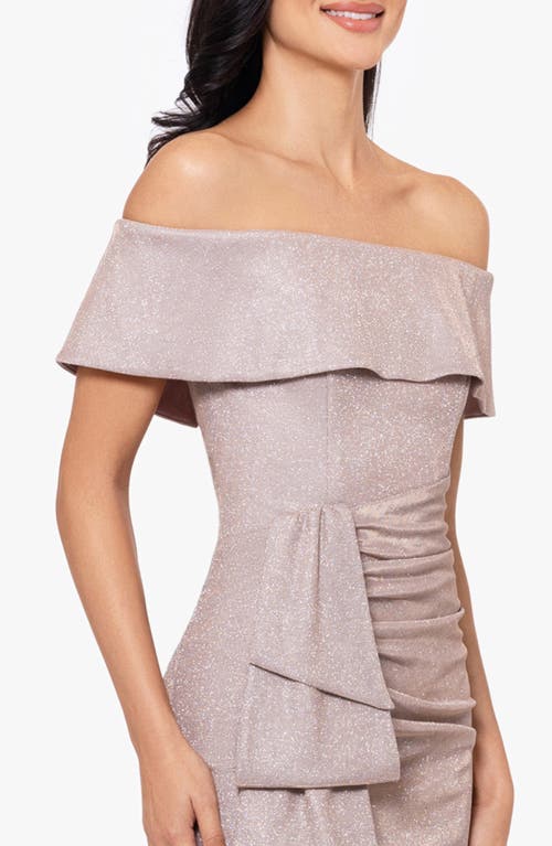 Xscape Evenings Metallic Ruffle Off The Shoulder Sheath Gown In Blush/silver