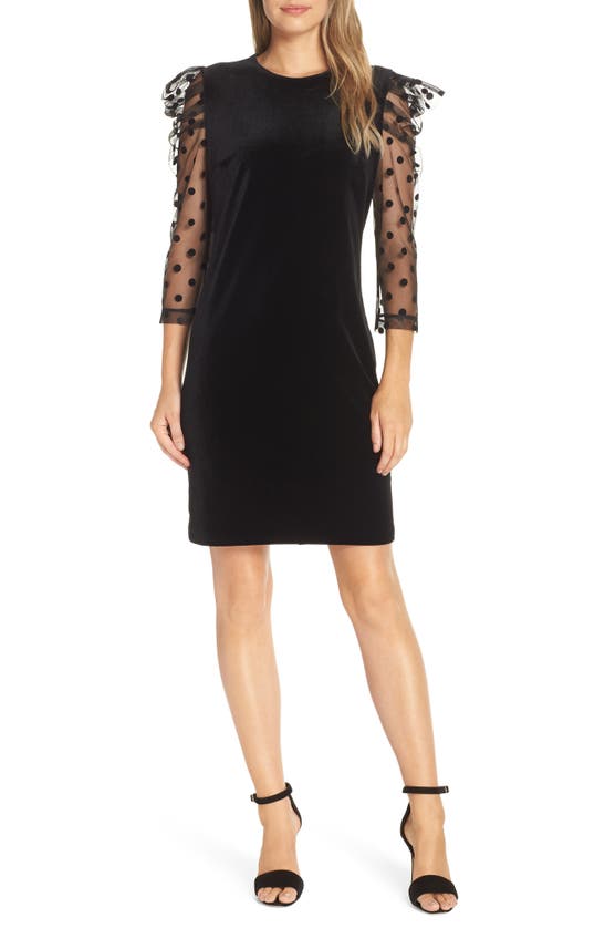 JULIA JORDAN DOT MESH SLEEVE VELVET SHIFT DRESS