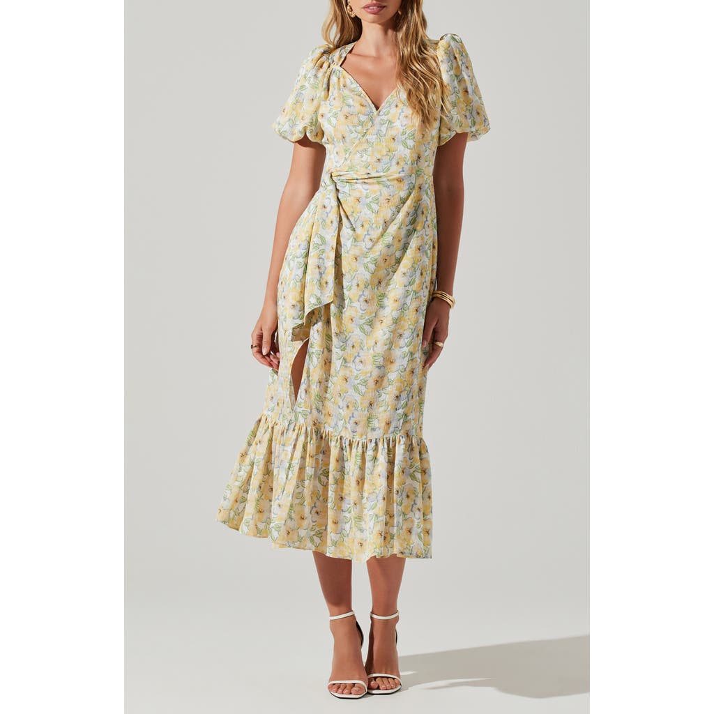 Astr The Label Modena Floral Print Side Tie Ruffle Maxi Dress In Yellow