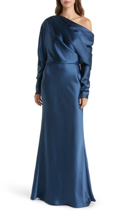 Pleated One-Shoulder Long Sleeve Satin Gown