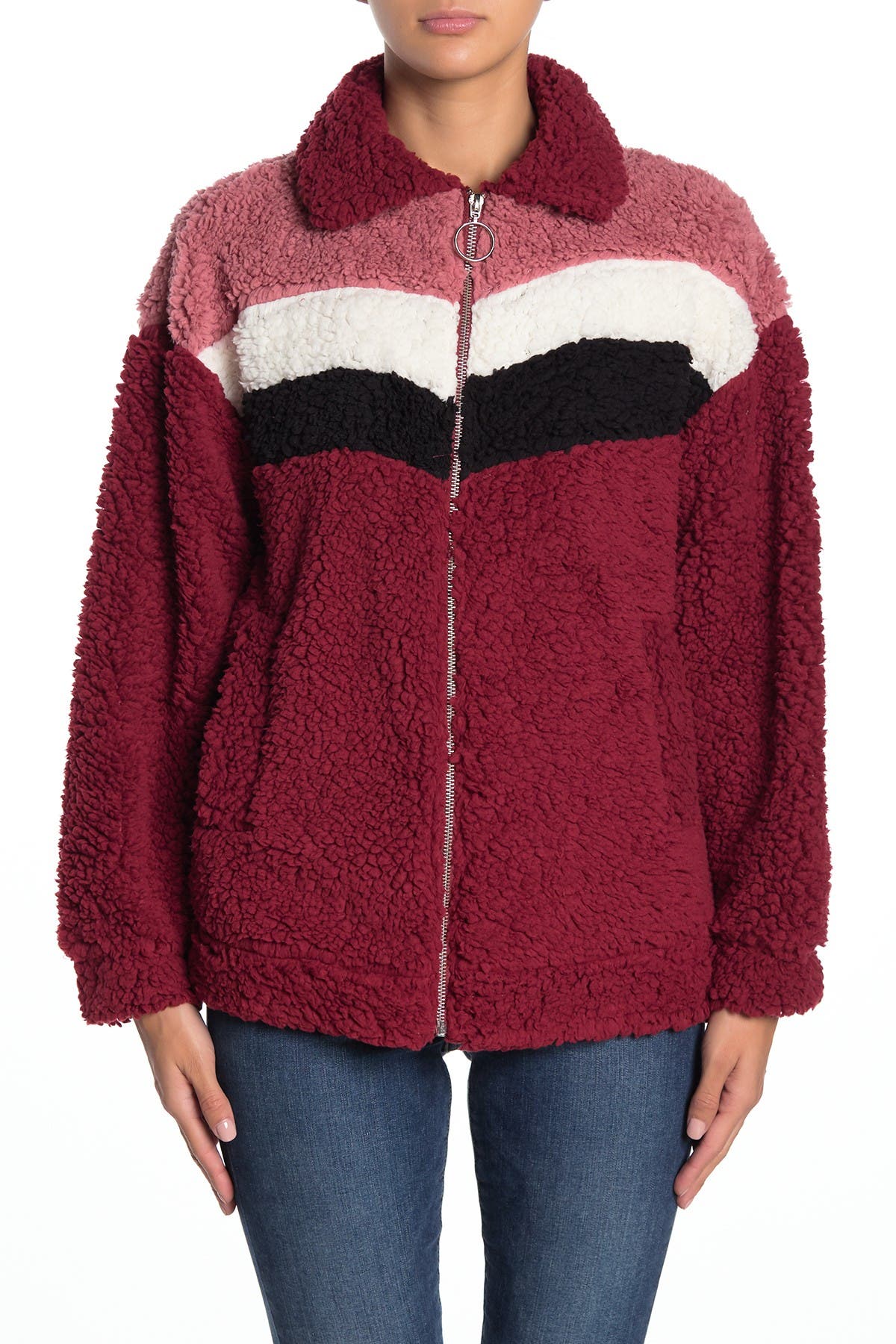 Poof | Colorblock Chevron Faux Shearling Woobie Zip Up Jacket ...