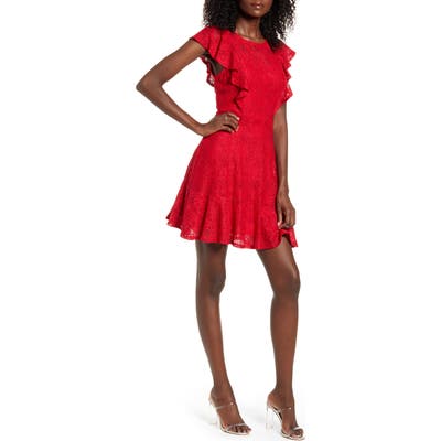 Speechless Ruffle Sleeve Lace Fit & Flare Minidress, Red