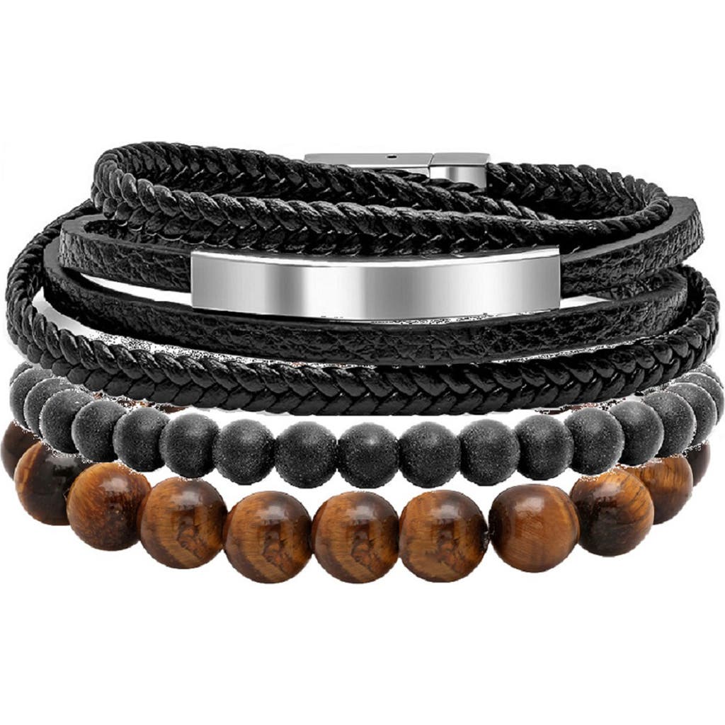 Shop Hmy Jewelry Mens' Multi-strand Bead & Braided Leather Bracelet In Silver/black/brown