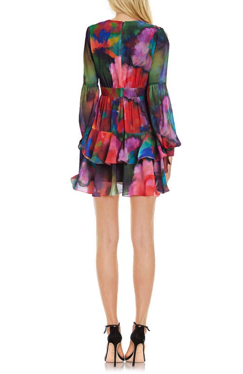 Shop Jewel Badgley Mischka Abstract Floral Long Sleeve Tiered Ruffle Minidress In Red Multi