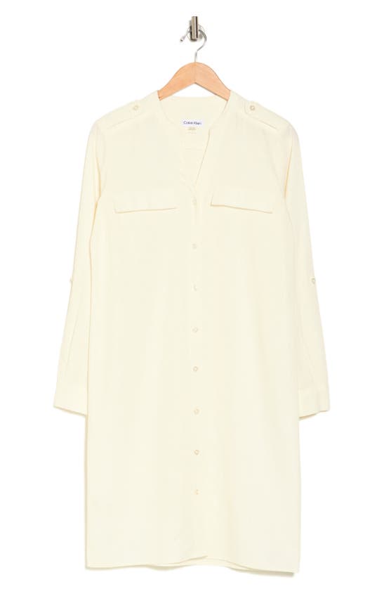 Shop Calvin Klein Front Button Long Sleeve Linen Blend Dress In White