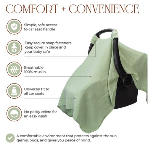 Comfy Cubs Muslin Cotton Baby Car Seat Cover In Sage