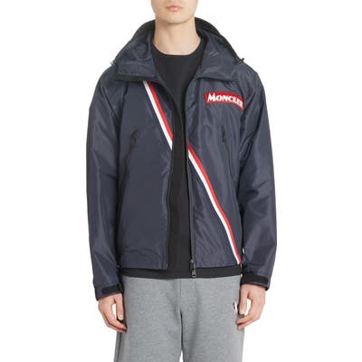 Moncler Trakehner Logo Stripe Hooded Nylon Jacket, Blue