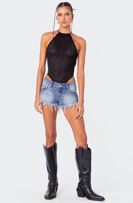 Edikted Sheer Lace Open Back Bodysuit In Black