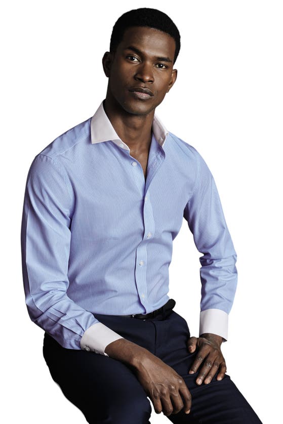 Shop Charles Tyrwhitt Winchester Bengal Stripe Non-iron Poplin Slim Fit Shirt Single Cuff In Sky Blue