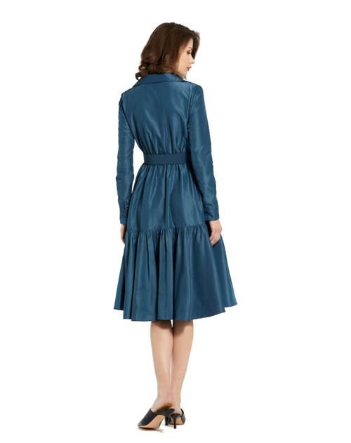 Mac Duggal Faille Long Sleeve Collared Belted Midi Dress In Deep Blue