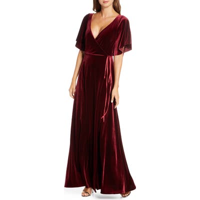 Jenny Yoo Marin Flutter Sleeve Velvet Faux Wrap Evening Gown