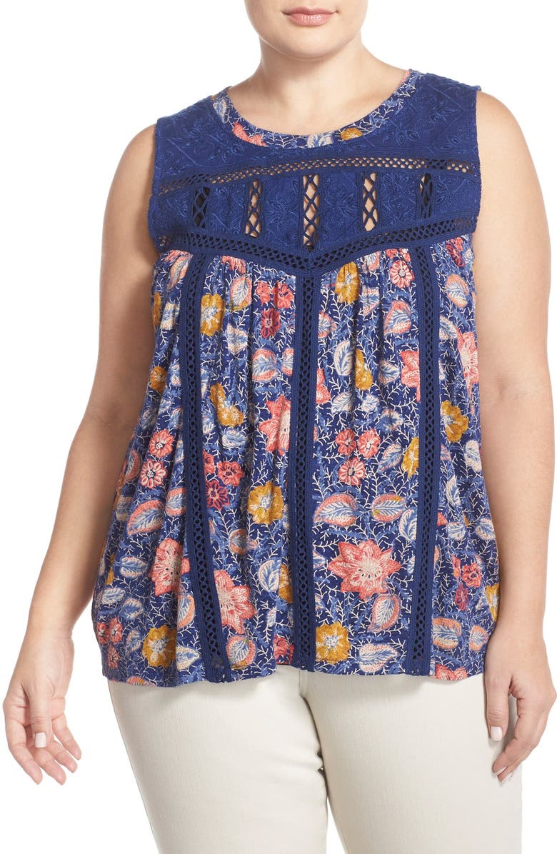 Lucky Brand Eyelet Yoke Floral Top (Plus Size) | Nordstrom