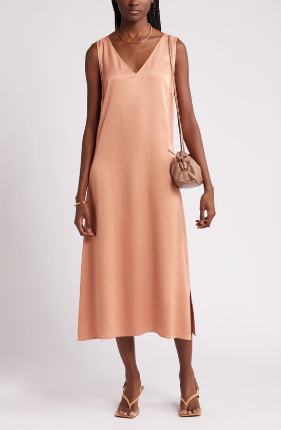 Shop Nordstrom V-neck Sleeveless Satin Midi Dress In Tan Cork